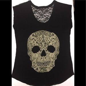 Express Skull 💀 Tee w/ Lace Back Blk Olive  Sz S